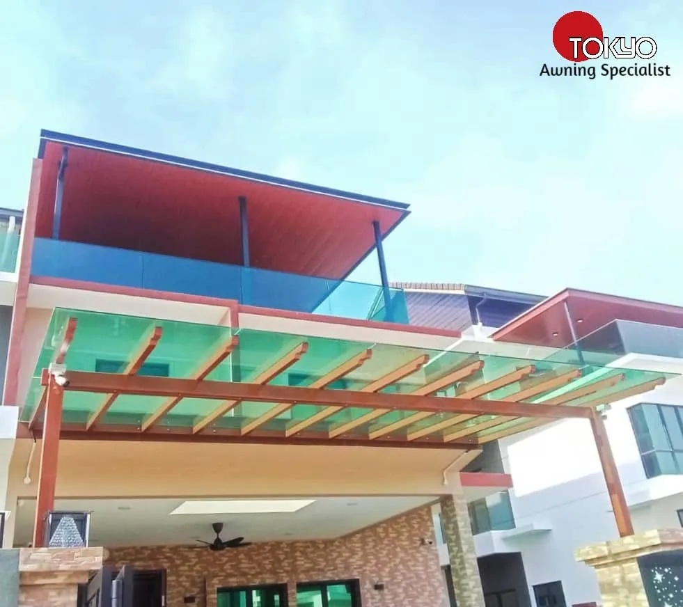 Glass roof pergola beneath a C-roof balcony awning — real completed project serving the Bangi area