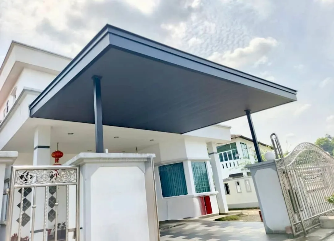 C-roof awning over a gated driveway entrance with a modern iron gate