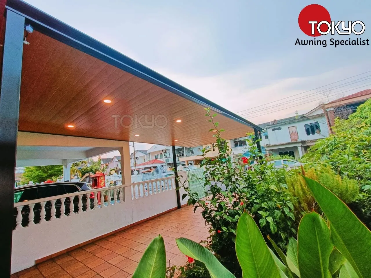 ACP roof awning over a tropical-style bungalow driveway — real completed project serving the Cheras area