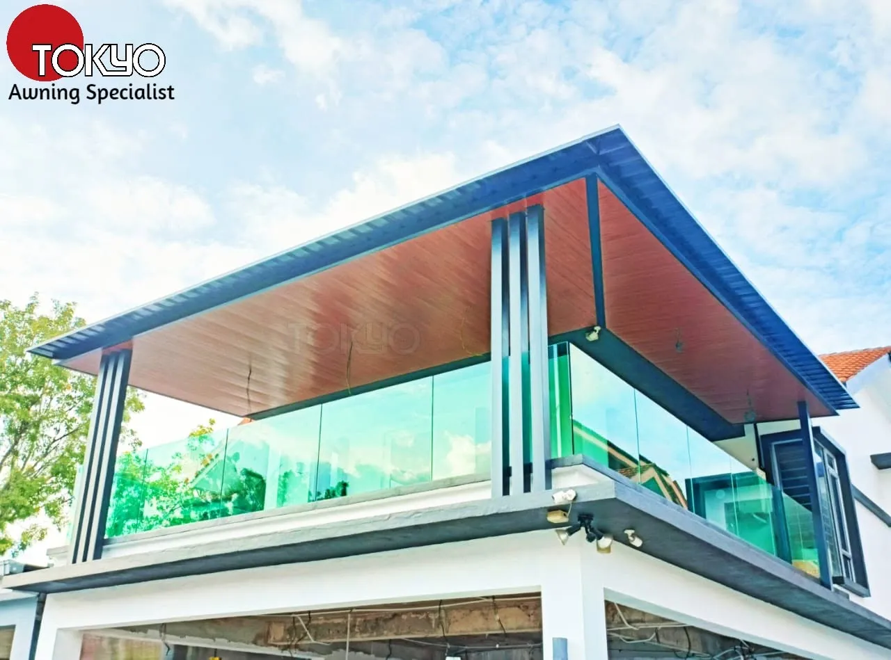 C-roof awning over a balcony with glass balustrade — real completed project serving the Cheras area