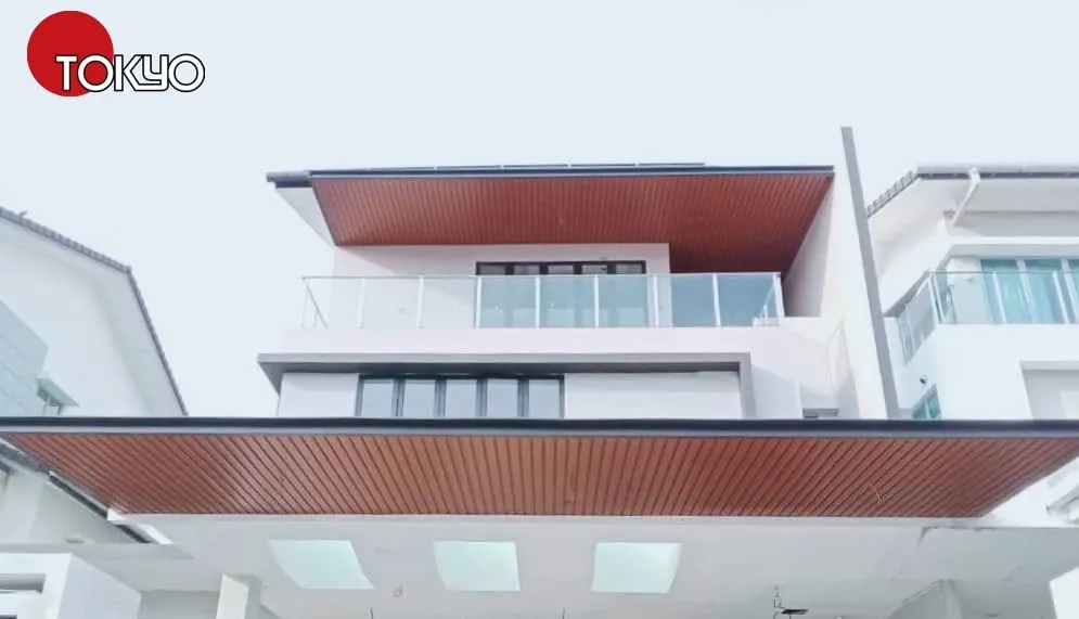 C-roof awnings installed across multiple levels of a modern house — real completed project serving the Petaling Jaya area