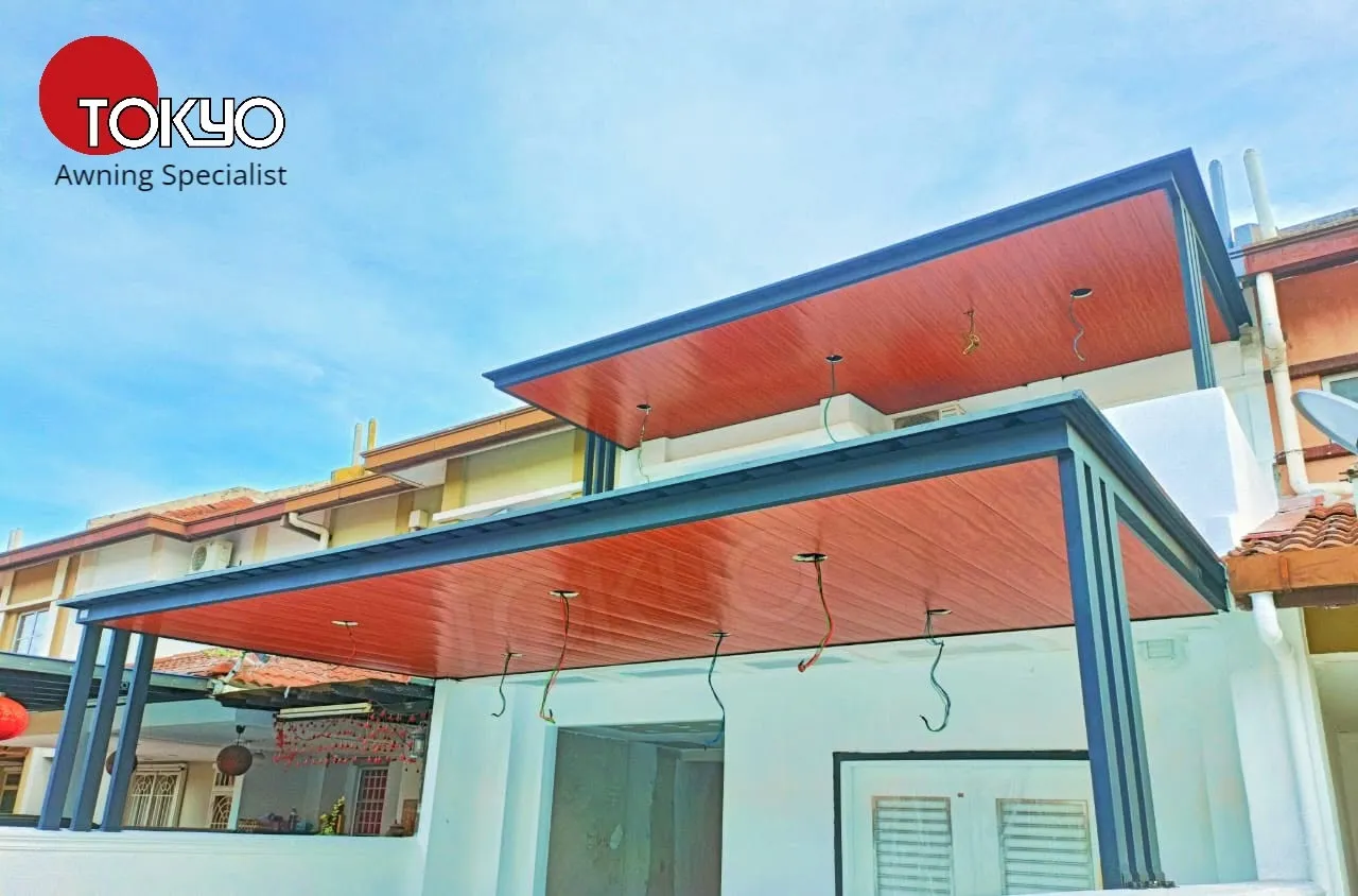 C-roof awnings installed across two levels of a terrace house — real completed project serving the Putrajaya area