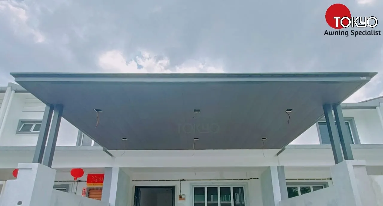 ACP roof awning over a car porch, decorated for Chinese New Year — real completed project serving the Putrajaya area