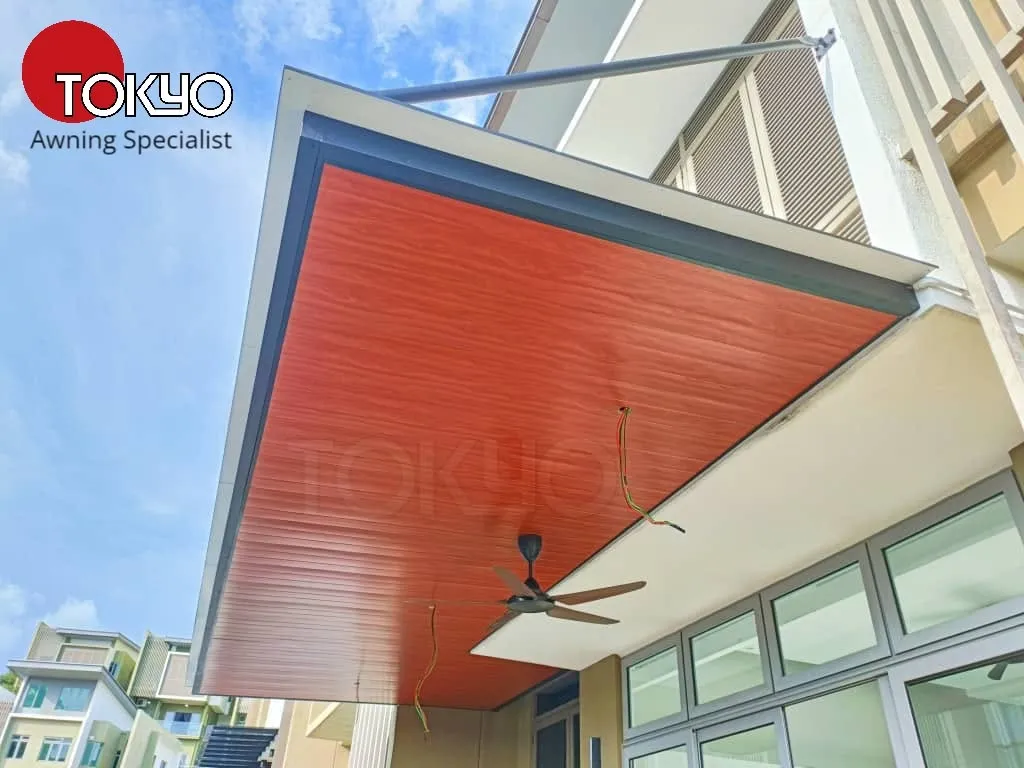C-roof awning with wood-tone aluminium ceiling over a balcony — real completed project serving the Semenyih area